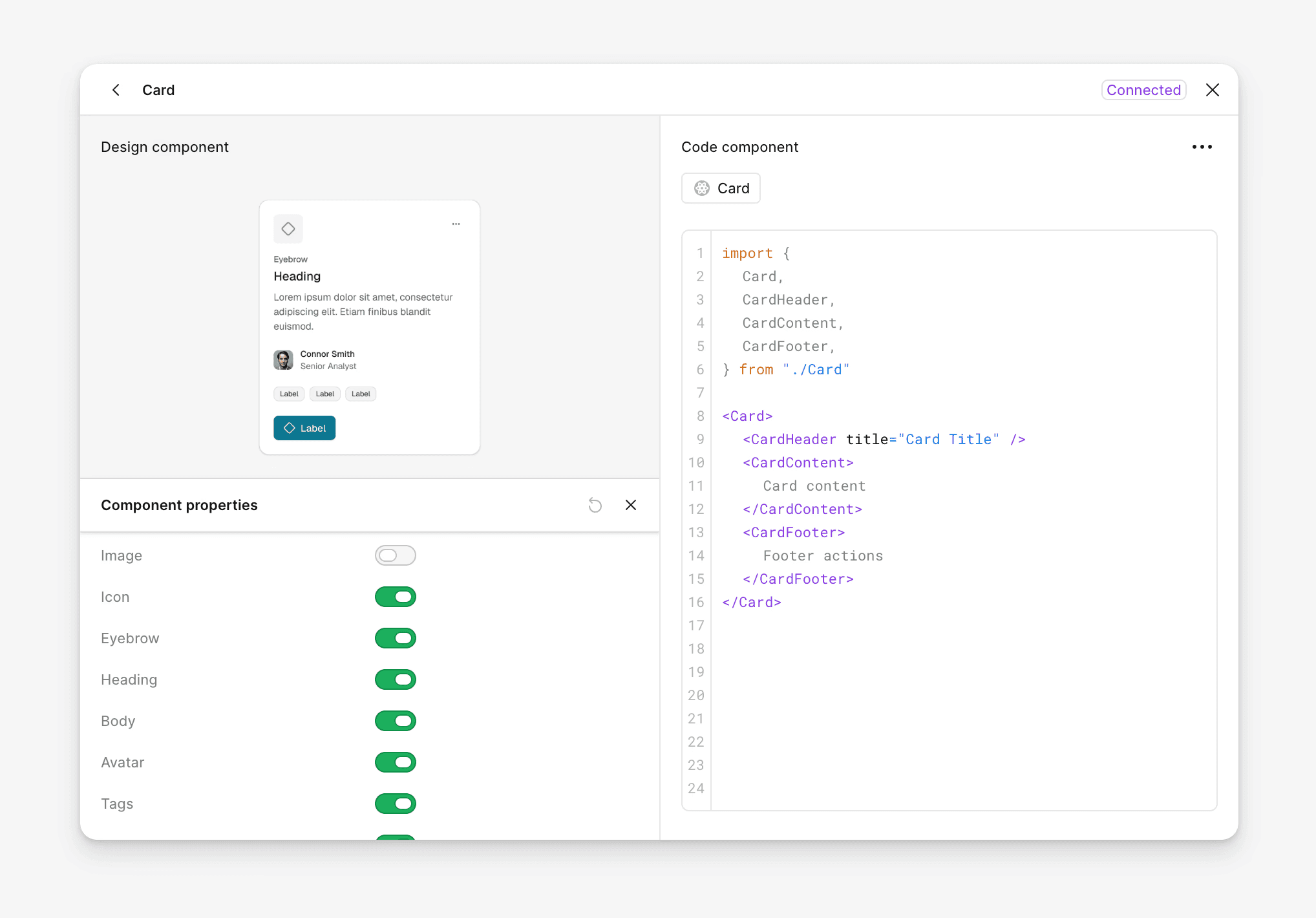Code Connect showing the design system’s component code in Figma Dev Mode