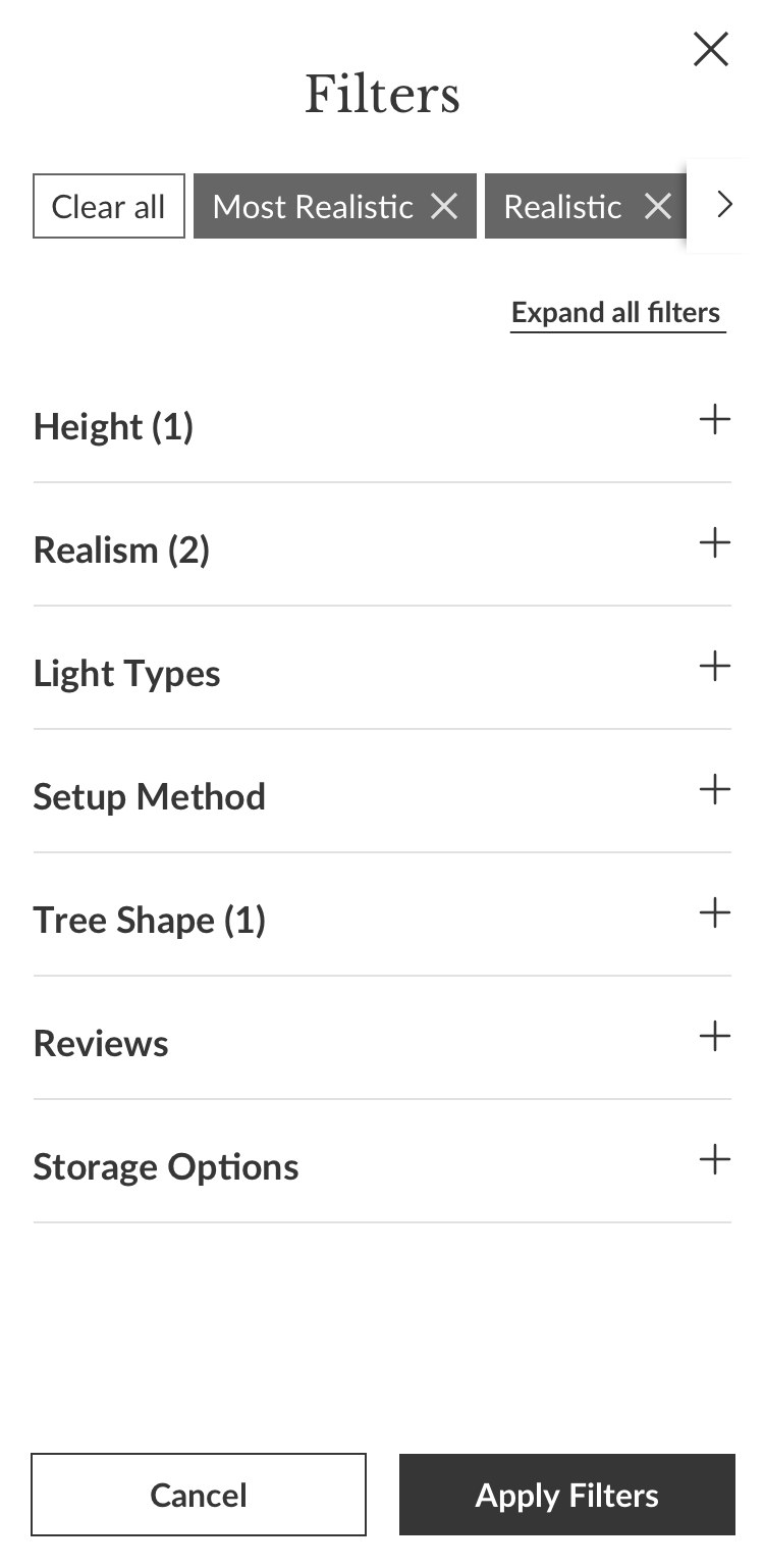 Mobile filter sheet with applied filter chips and collapsed groups for height, realism, light types, setup method, tree shape, reviews, and storage