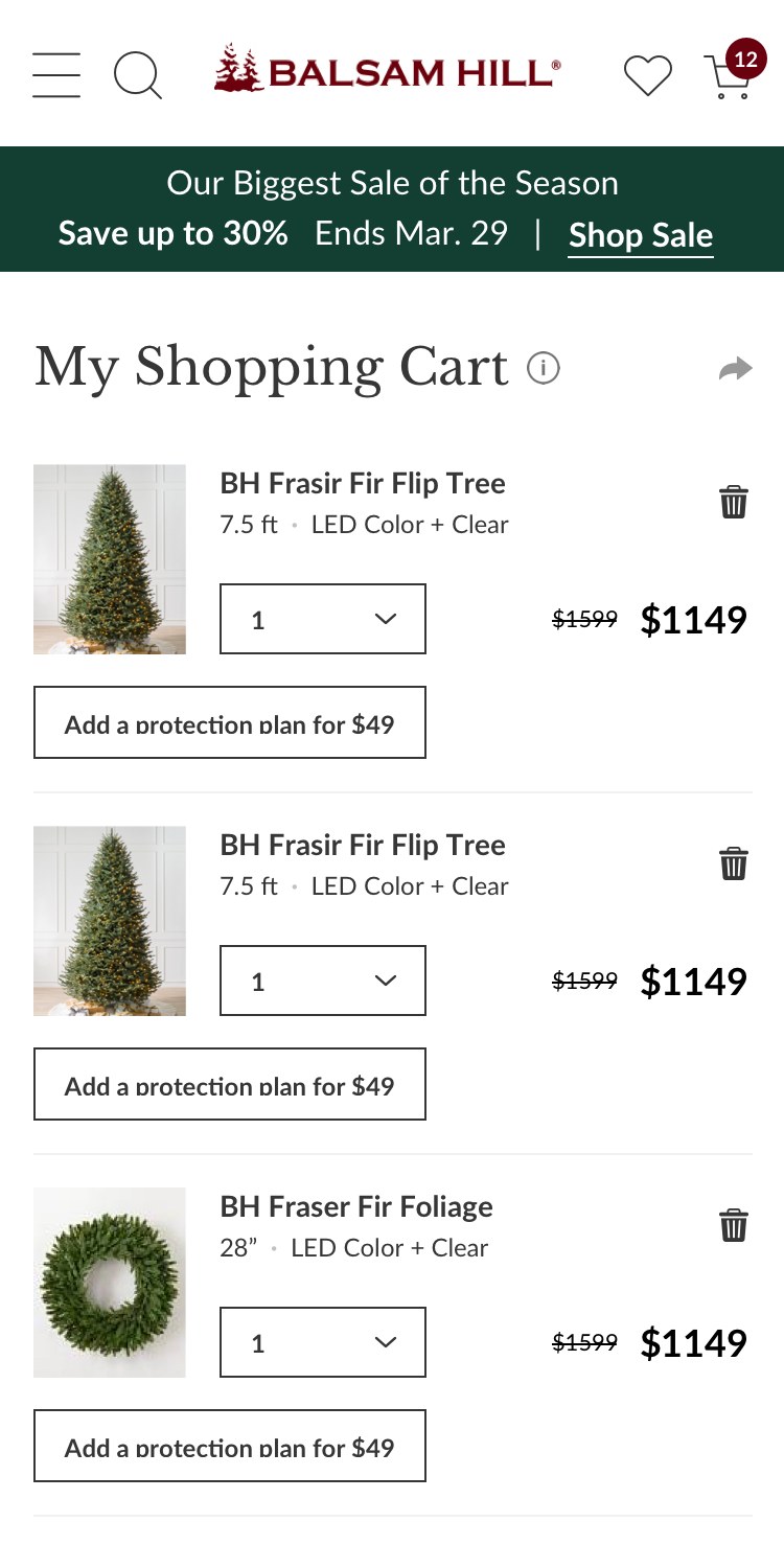 Mobile shopping cart with two trees and a wreath, quantity selectors, sale prices, and a protection plan option