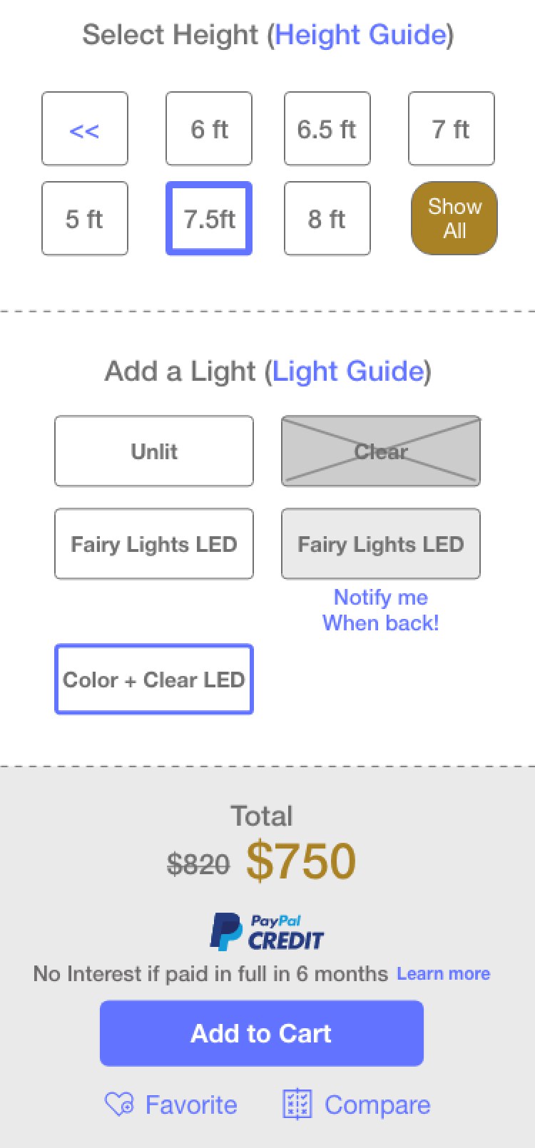 Wireframe of the product options: a height grid, an Add a Light grid with a separate Notify me when back link, and an Add to Cart button