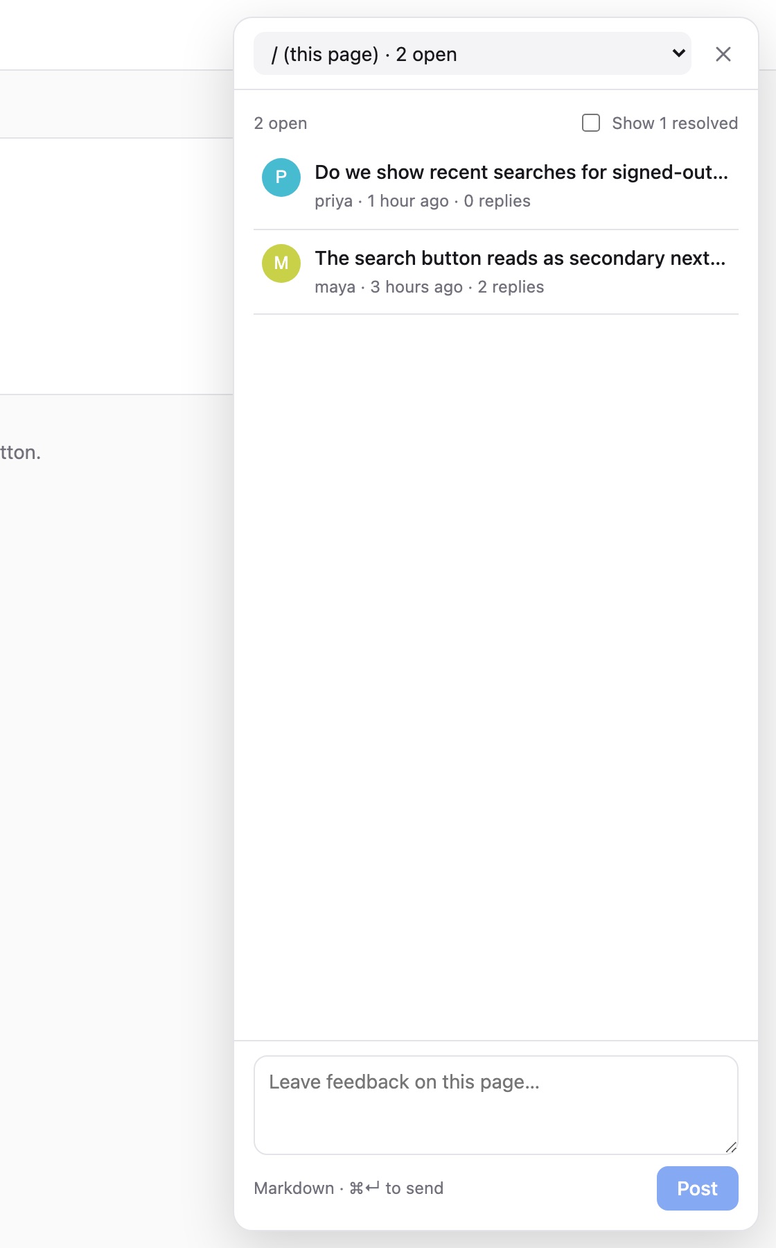 The comments panel listing the open threads on the current page, with a page switcher at the top