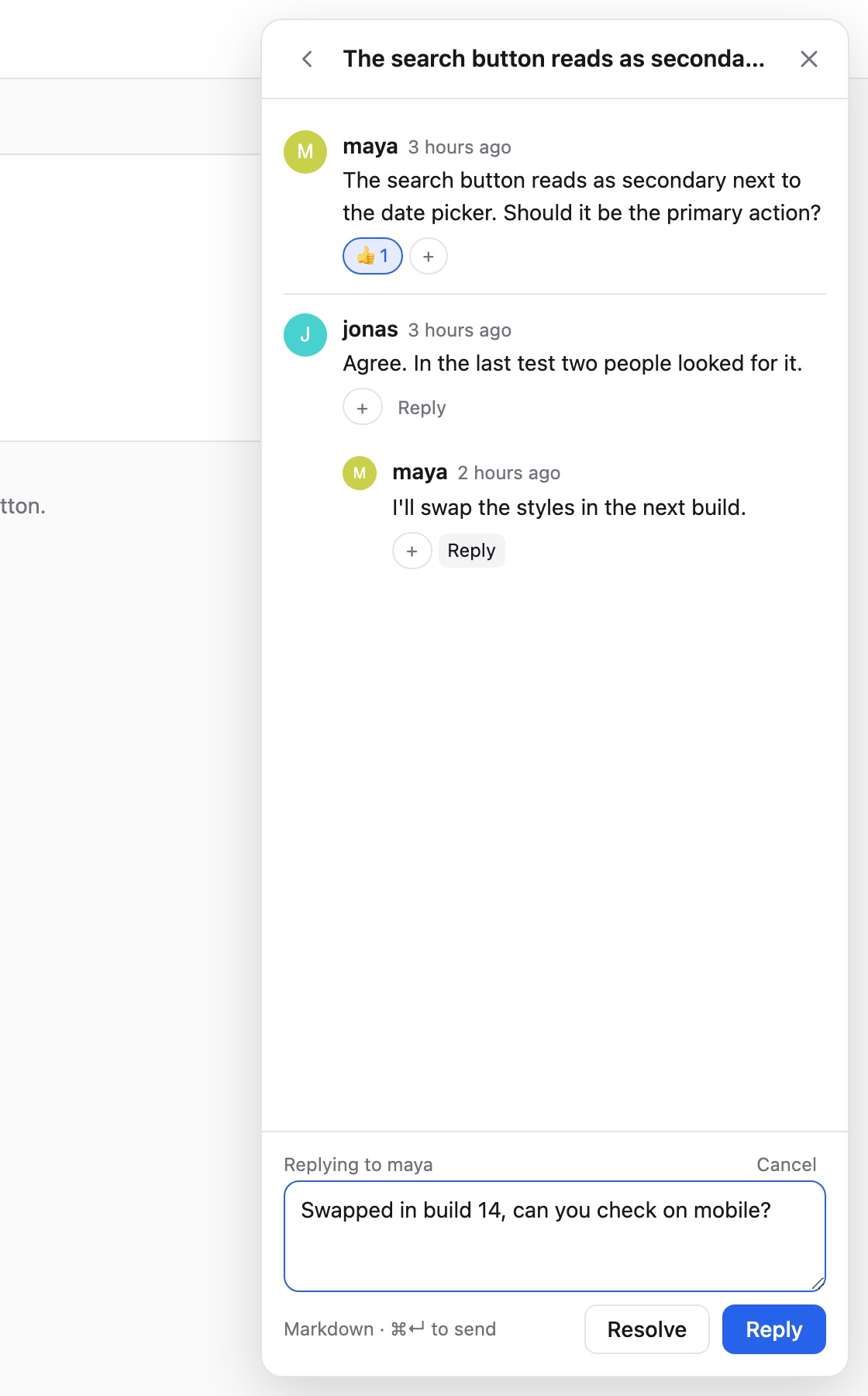 A thread in the comments panel with a reaction, a reply to a reply being written, and Resolve and Reply buttons