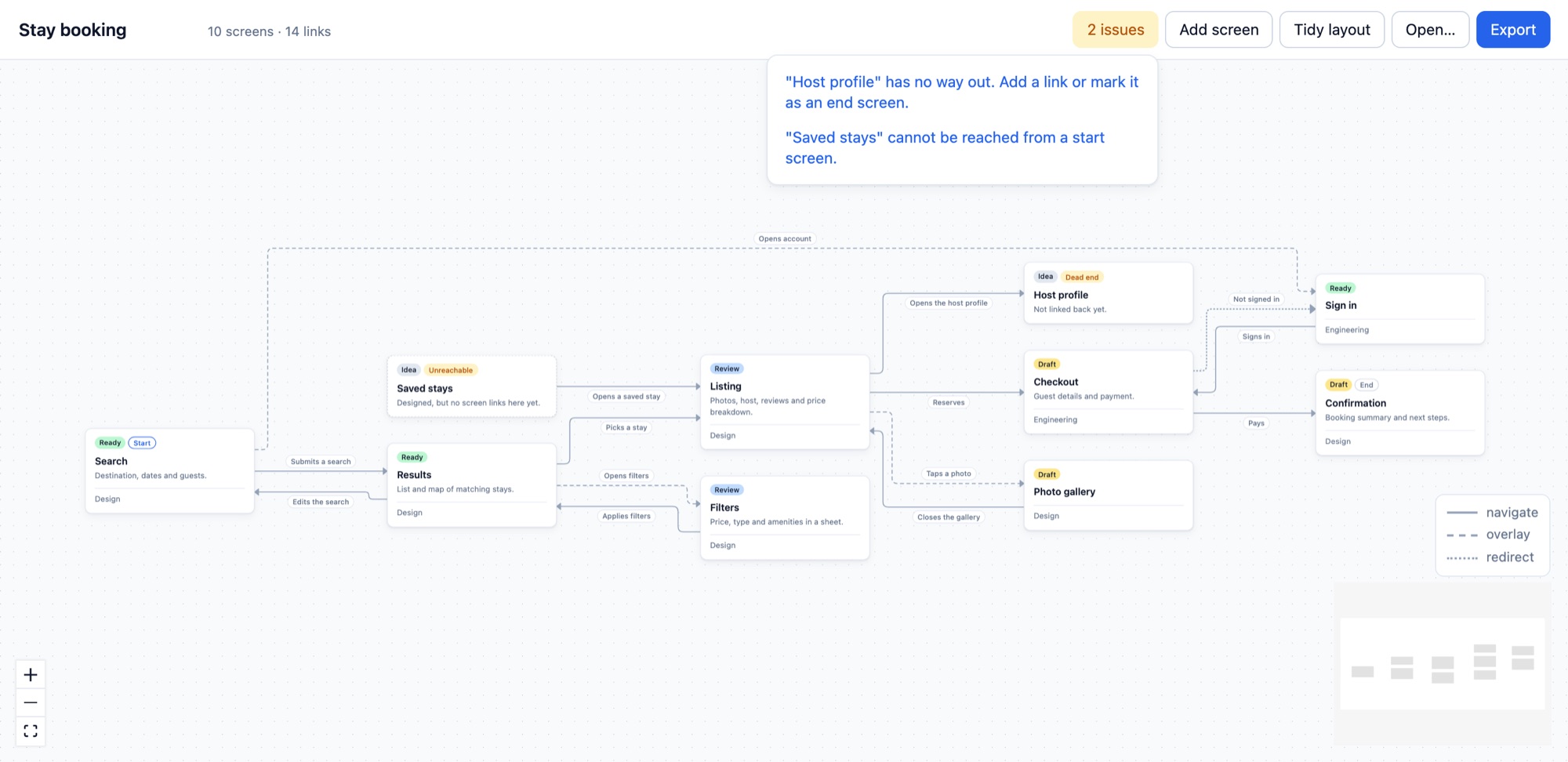 The issues list open over the graph: Host profile has no way out, and Saved stays can’t be reached from a start screen