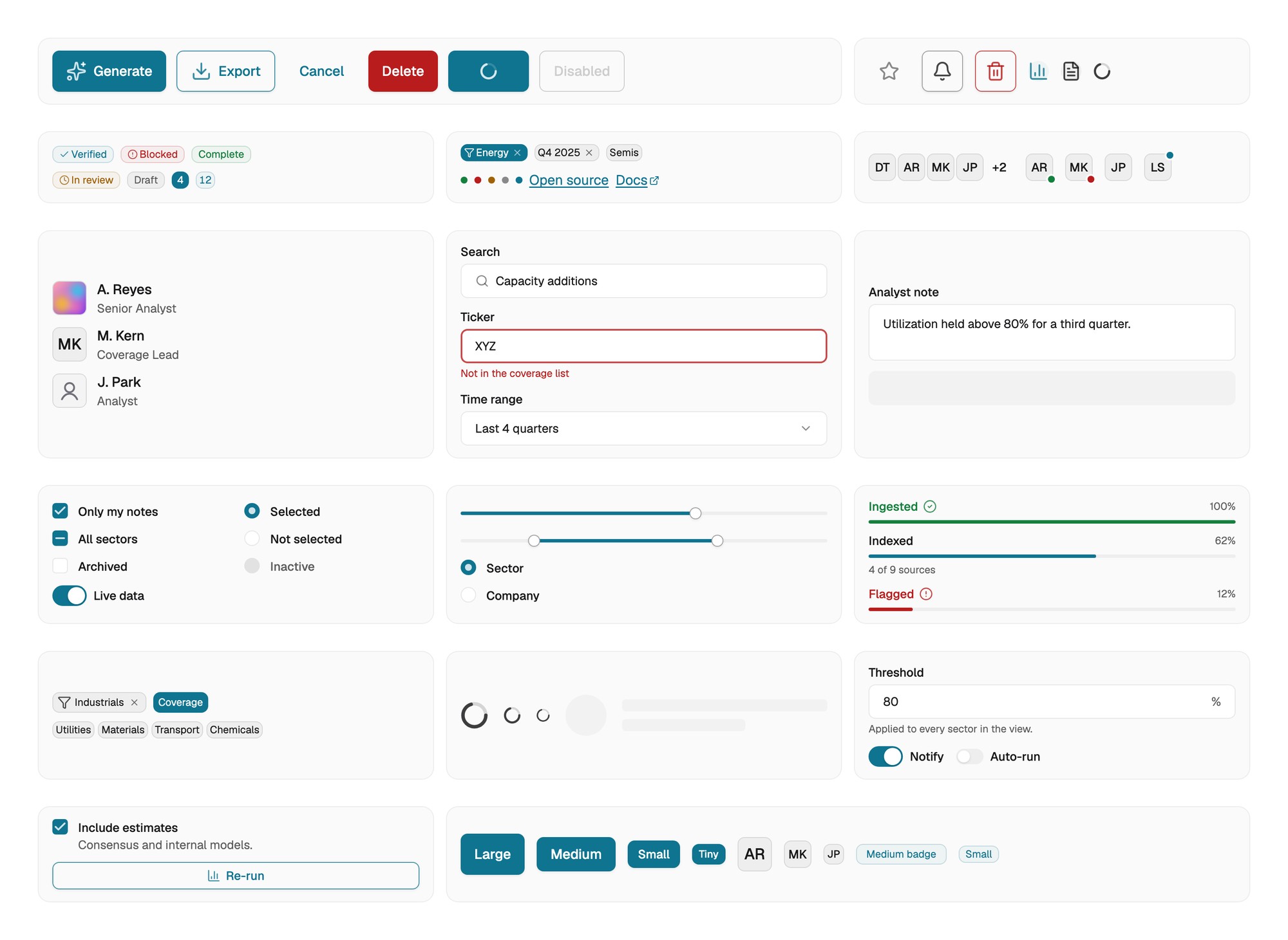 The component library: buttons in every variant and size, icon buttons, badges, tags, status dots, avatars, text inputs with an error state, a select, checkboxes, a switch, sliders, radios and progress bars