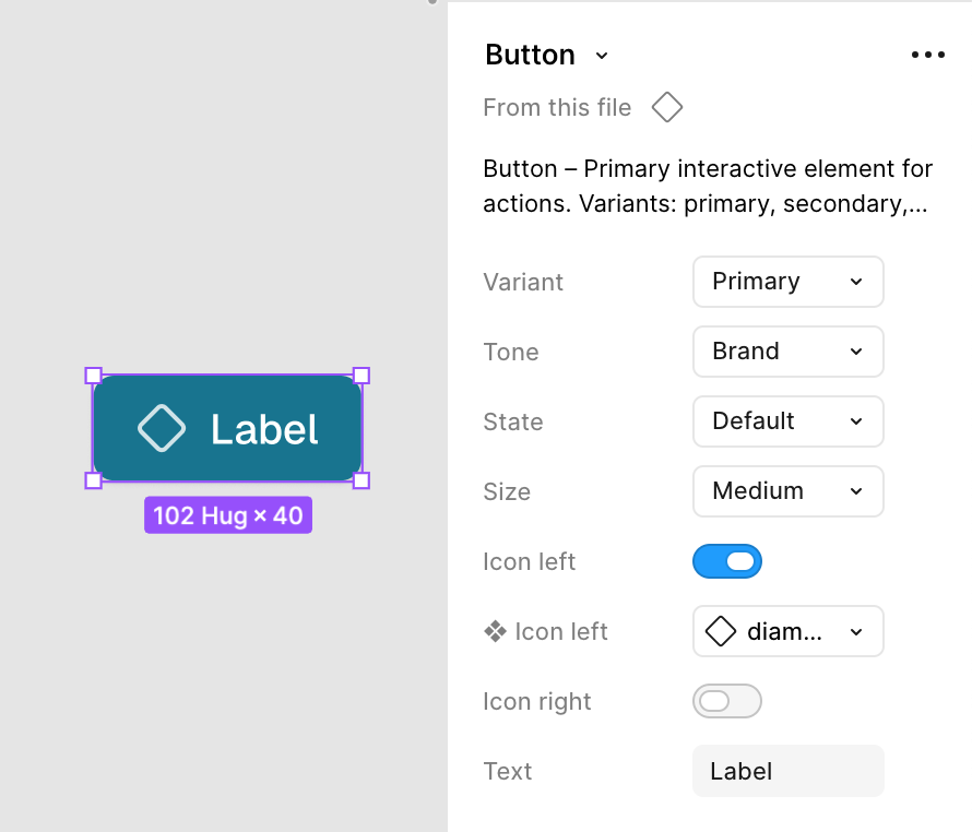 The Button’s properties panel in Figma: variant, tone, state, size, icons, and text