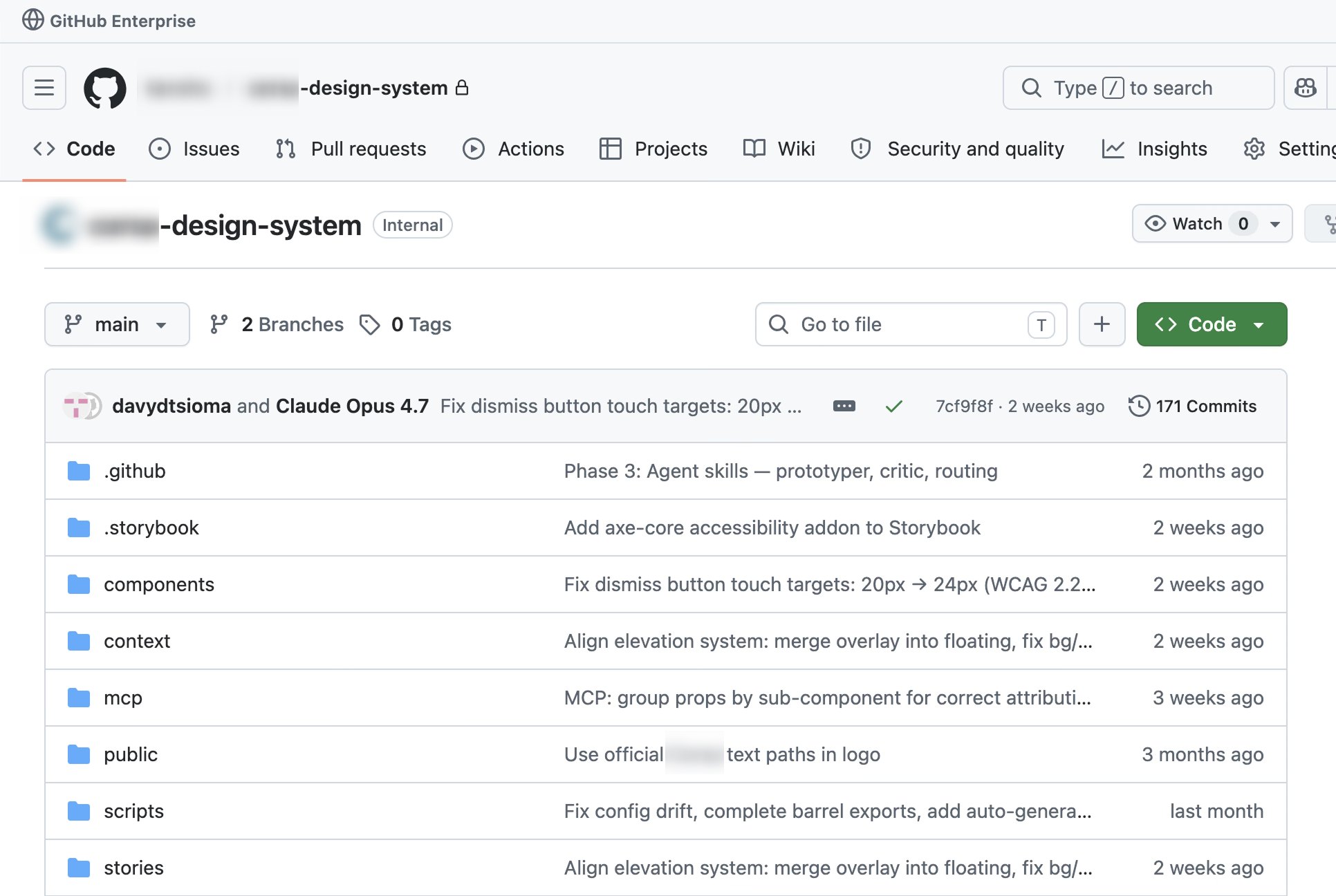 The design system repository on GitHub: 171 commits on main, the latest co-authored with Claude, and a file tree whose commit messages cover component work, token corrections, the MCP server, the accessibility addon and a touch target moved from 20px to 24px. The organisation and product names are blurred