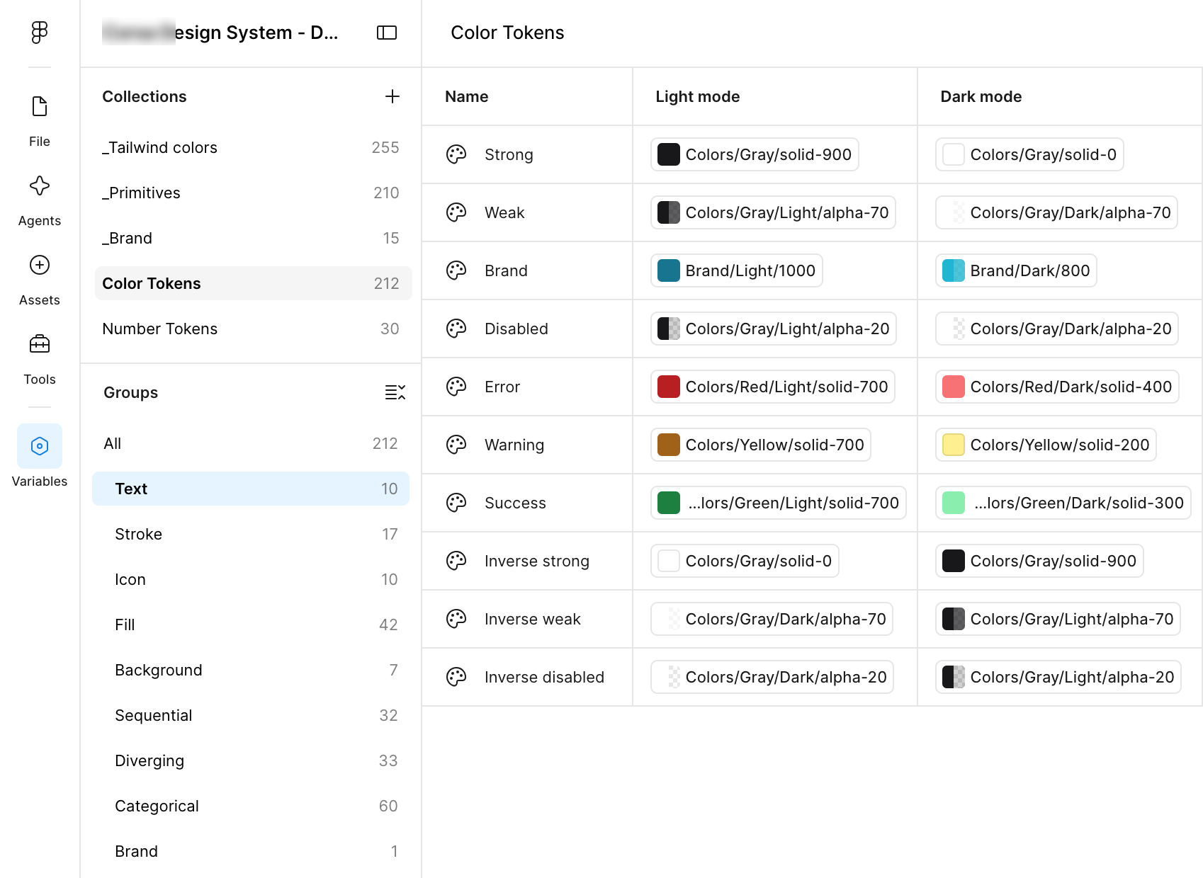 The Color Tokens collection in Figma, each token with its light and dark mode value
