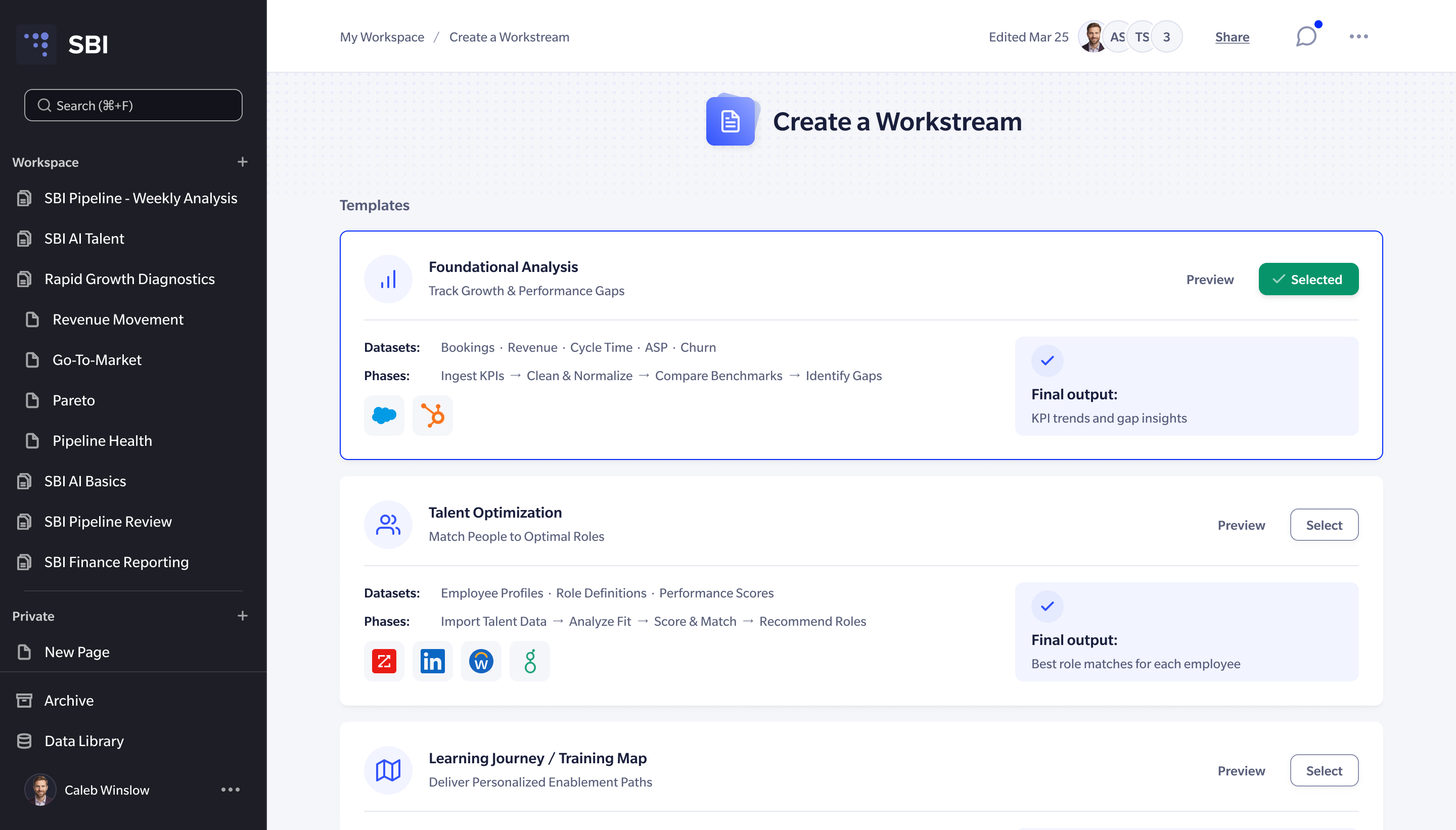 Creating a workstream by choosing an analysis template, each listing its datasets, phases, and final output