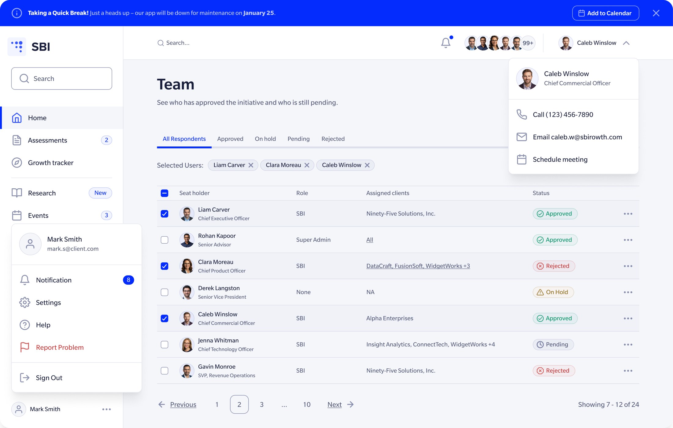 A team screen from the SBI platform in light mode: navigation, a table of seat holders with status badges, a contact card, and the account menu