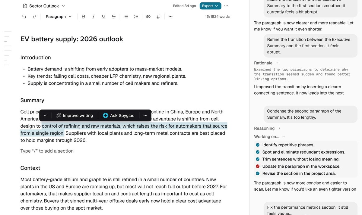 A report being edited, with writing help offered on a selected sentence, and the assistant beside it showing its rationale and the steps it worked through